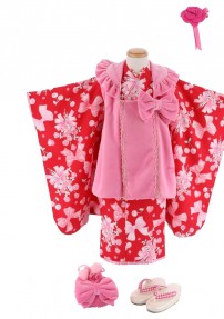 七五三 3歳女の子用被布[メゾピアノ]濃いピンクにリボン(着物)赤に花束とチェリーNo.60V